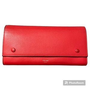 CELINE Red Orange Pebbled Leather Long Flap Wallet